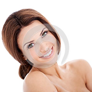 Smiling Brunette Woman with Bare Shoulders