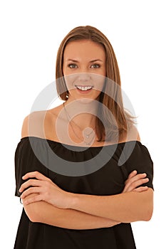 Smiling brunette woman in black shirt isolated over white background