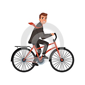 Smiling business man riding bicycle to work. Eco-friendly transportation. Cartoon character of young office worker in