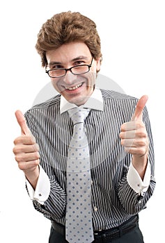 Smiling business man with thumbs up gesture