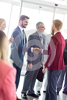 Smiling business partners handshaking with leader