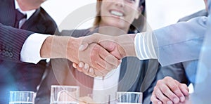 Smiling business people closing a deal