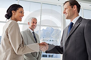 Smiling business people shaking hands with smiling colleague behind them