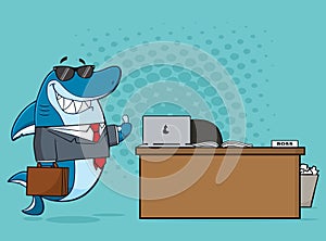 Smiling Business Shark Cartoon Mascot Character Holding A Thumb Up By An Office Desk