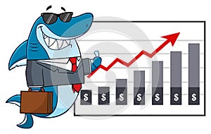 Smiling Business Shark Cartoon Mascot Character Holding A Thumb Up To A Presentation Board With A Growth Chart.