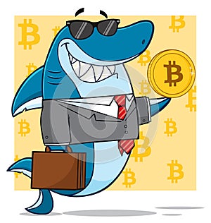 Smiling Business Shark Cartoon Mascot Character In Suit, Carrying A Briefcase And Holding A Golden Bitcoin