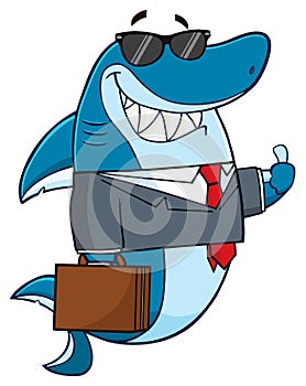 Smiling Business Shark Cartoon Mascot Character In Suit, Carrying A Briefcase And Holding A Thumb Up