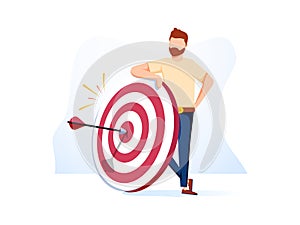 Smiling business stickman next to a large target. Talent search concept. Vector illustration.