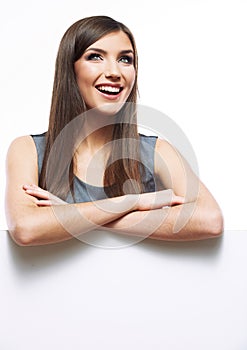 Smiling business woman with big white board