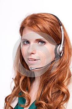 Smiling business woman callcenter agent operator isolated portrait