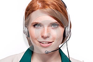 Smiling business woman callcenter agent operator isolated portrait