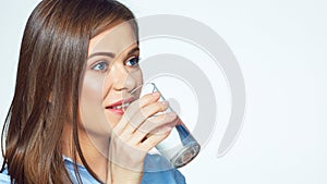 Smiling business woman drink water.