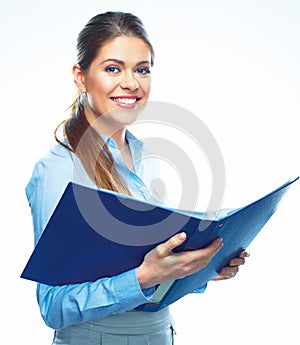 Smiling business woman hold open report folder.