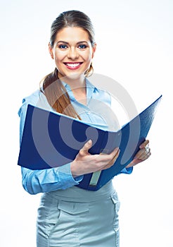 Smiling business woman hold open report folder.