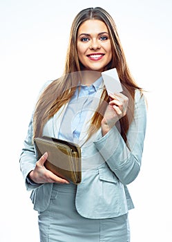 Smiling Business woman hold payment credit card and purse. Whit