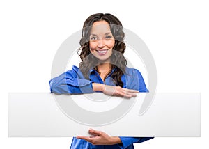 Smiling business woman hold white advertising board. White card.