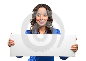 Smiling business woman hold white advertising board. White card.