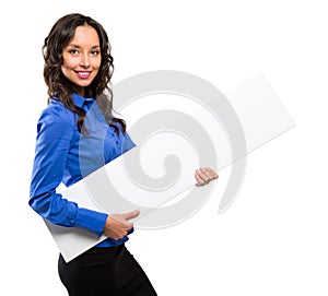 Smiling business woman hold white advertising board. White card.