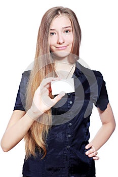 Smiling business woman holding card