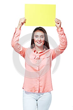 Smiling business woman holding card