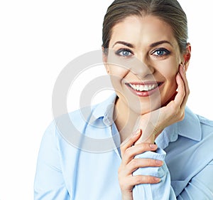 Smiling business woman isolated portrait, White ba