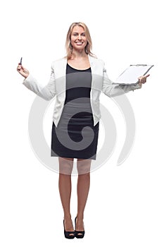 smiling business woman with pen and clipboard looking at you .