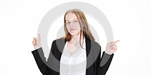 Smiling business woman pointing finger side on white background copy space empty blank