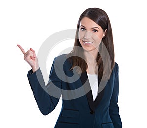 Smiling business woman presenting. Isolated over white background