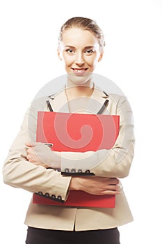 Smiling business woman with red folder