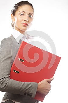 Smiling business woman with red folder