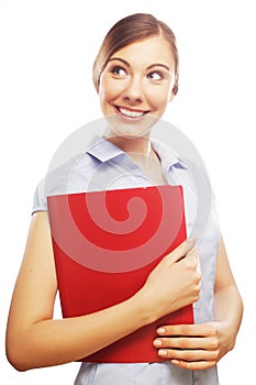 Smiling business woman with red folder