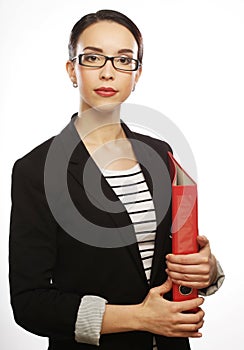 Smiling business woman with red folder