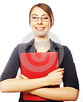 Smiling business woman with red folder