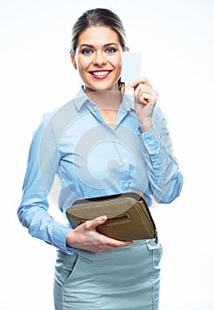 Smiling business woman showing credit card.