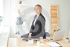 Smiling business woman sitting at her office workstation