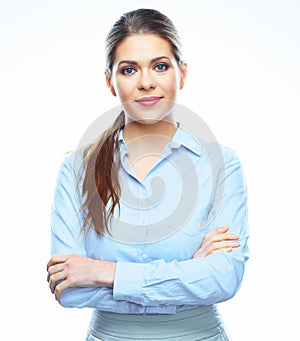 Smiling business woman white background isolated.