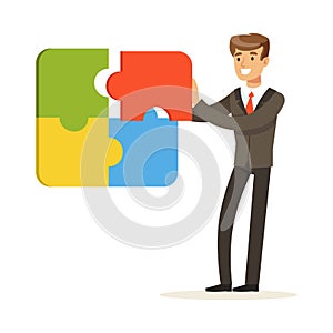 Smiling businessman assembling colorful jigsaw puzzle vector Illustration