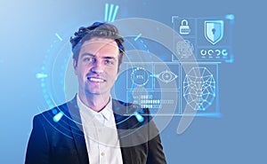 Smiling businessman and biometric scanning, digital hologram and statistics