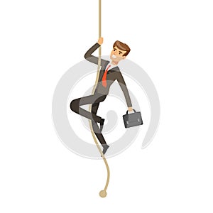 Smiling businessman with briefcase climbing a rope vector Illustration