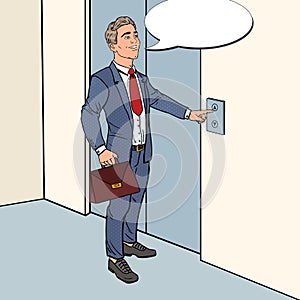 Smiling Businessman with Briefcase Pressing Elevator Button. Pop Art illustration