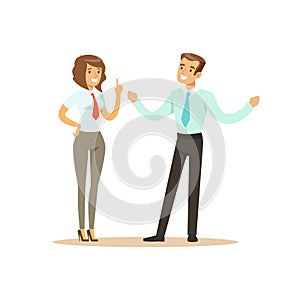 Smiling businessman and businesswoman having meeting in office vector Illustration