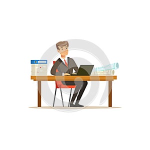 Smiling businessman character in a suit working on a laptop computer at his office desk vector Illustration