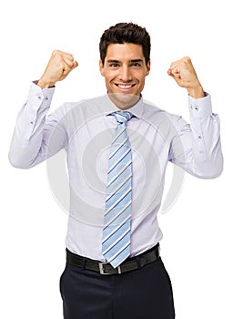 Smiling Businessman Gesturing Success