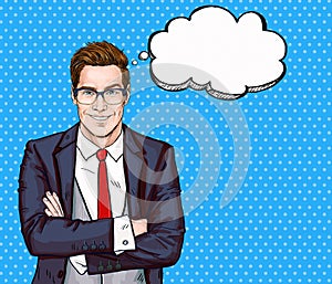 Smiling Businessman in glasses in comic style with speech bubble.Success