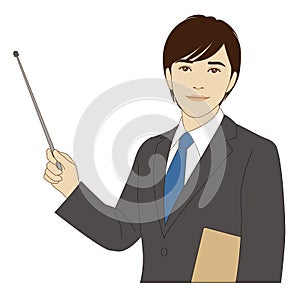 Smiling businessman holding a pointer stick