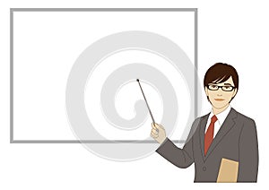 Smiling businessman holding a pointer stick