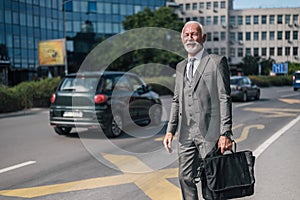 Smiling businessman with laptop bag waiting for taxi cab in the city during sunny day