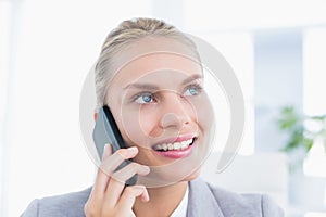 Smiling businessman phoning at her desk