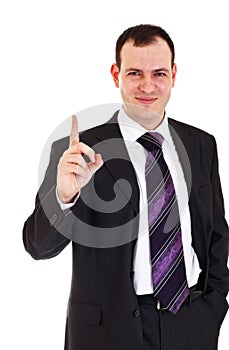 Smiling businessman raise finger up