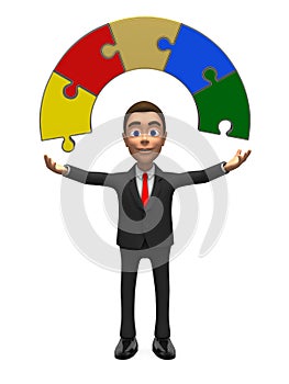 Smiling businessman with a semicircle of puzzles